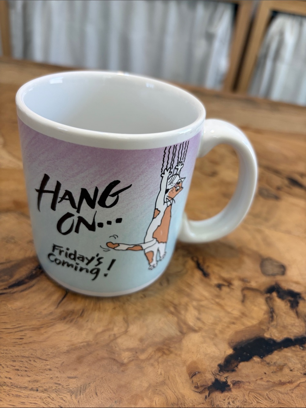Vintage Hang On Friday's Coming! Cat Ceramic Mug - White and Light Purple